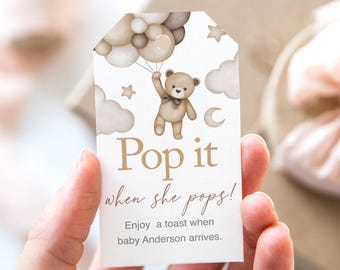 Baby Shower Tags: Teddy Bear, Balloons, "Pop it When She Pops!" (x10)