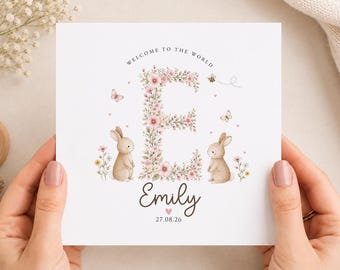 Personalised Baby Girl Welcome Card, Floral Bunny Design