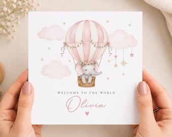 New Baby Girl Card, Welcome To The World Elephant Hot Air Balloon, Personalized Newborn Greeting