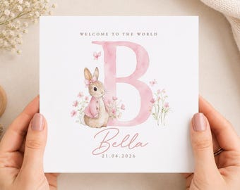 Personalised Baby Girl Welcome Card, Bunny Rabbit Illustration, New Baby Wishes