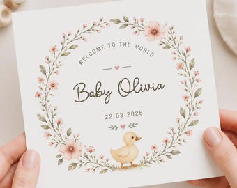 Personalised New Baby Girl Card, Welcome to the World, Floral Duck Newborn Keepsake, Custom Name & Birth Date