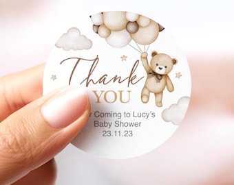 x10 Baby Shower Teddy Bear Thank You Stickers, Round labels Neutral Theme Beige B03