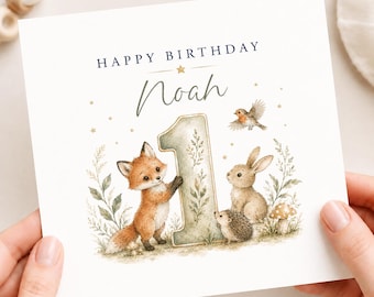 Personalised Baby Boy 1st Birthday Card, Forest Animals Greeting Card