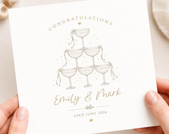Personalised Champagne Tower Wedding Card, Congratulations Newlyweds, Custom Couple Names & Date