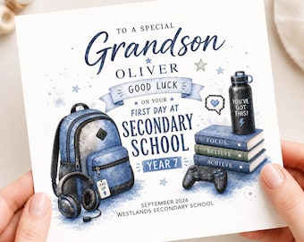 Personalised First Day at Secondary School Card for Grandson, Good Luck Year 7