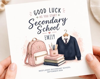 Personalised First Day at Secondary School Card for Girl, Good Luck Year 7 Keepsake