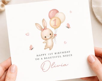 Personalised 1st Birthday Card for Niece, Cute Bunny, Baby Girl First Birthday Keepsake