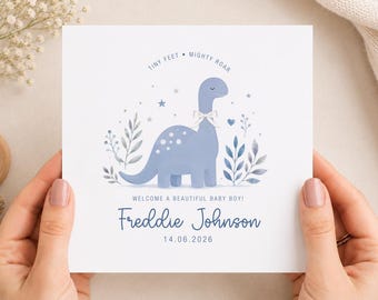Personalised Baby Boy Welcome Card, Newborn Blue Dino Design, Kraft Envelope