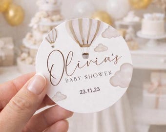 x10 • Baby Shower Favour Stickers Round labels Neutral Hot Air Balloon Beige