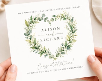 Personalised Engagement Card for Daughter and Son in Law, Heart Greenery Greetings Card