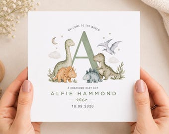 Personalised Baby Boy Welcome Card, Newborn Blue Dino Design, Kraft Envelope