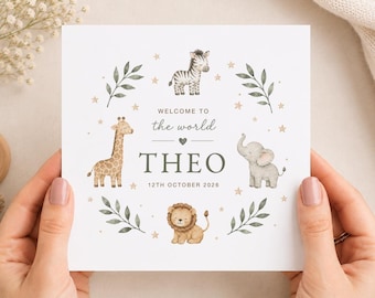 Personalised Baby Boy Welcome Card, Newborn Safari Animal Design, Kraft Envelope
