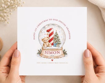 Personalised Grandson 1st Christmas Card, Teddy Bear Snow Globe, Custom Name & Initial Keepsake
