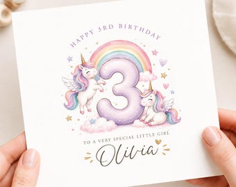Personalised 3rd Birthday Card, Colourful Unicorn Rainbow Greeting Card for Girl