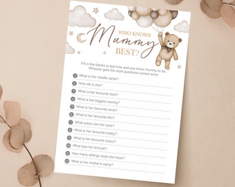 Who Knows Mummy Best, Bear Neutral Baby Shower Game, Teddy, Baby Shower Game B03