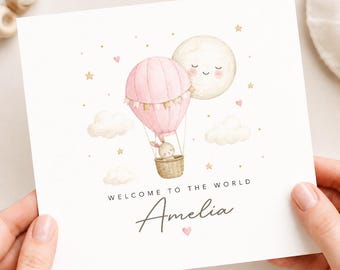 Personalised New Baby Girl Card, Welcome to the World Card, Pink Hot Air Balloon, Bunny Newborn Card, Congratulations New Parents