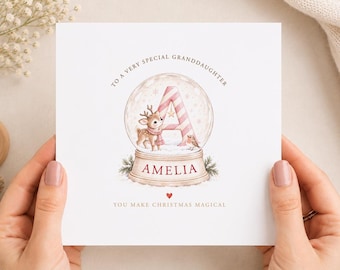 Personalised Granddaughter Christmas Card, Reindeer Snow Globe Xmas Card, Custom Name Keepsake