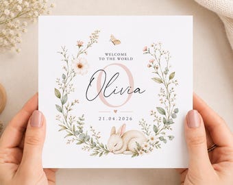 Personalised Newborn Baby Girl Card, Welcome To The World, Floral Bunny Design