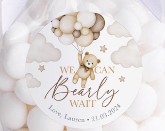 Teddy Bear Baby Shower Favor Stickers: We Can Bearly Wait Neutral Beige Labels B03