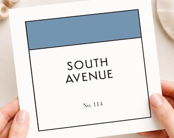 Personalised New Home Card, Monopoly Style Housewarming Greeting, Custom Address (150x150mm)