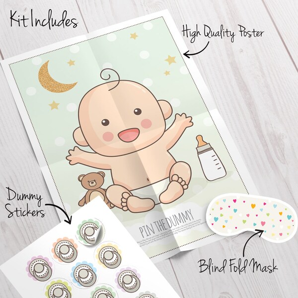 Pin The Dummy on the Baby • Baby Shower Game Kit • Unisex Suitable for Boy / Girl • Includes Poster, Mask and Stickers of Dummies