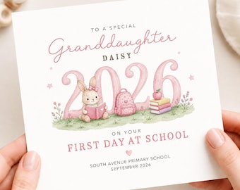 Personalised First Day at School Card for Granddaughter, Bunny Starting School Keepsake