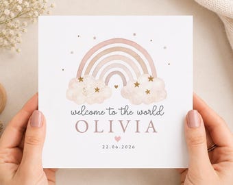 Personalised Baby Girl Welcome Card, Rainbow Clouds New Baby Greeting
