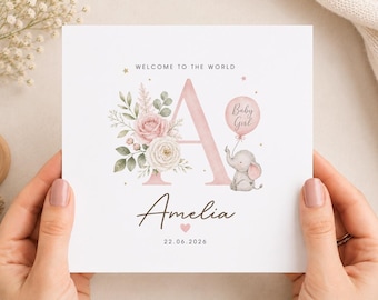 Personalised Baby Girl Card, Welcome To The World Elephant Design