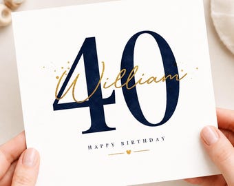 Personalised 40th Birthday Card, Navy Blue Gold Glitter Milestone, Brother, Son, Dad