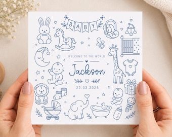 Personalised Baby Boy Welcome Card, Newborn Toys Design, Kraft Envelope