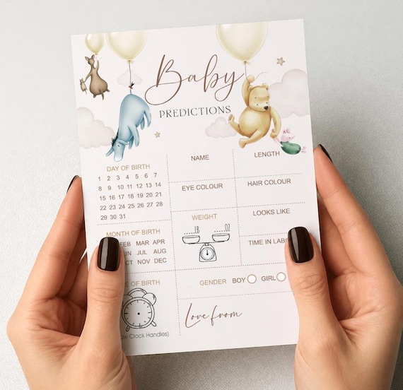 Neutral Baby Shower Prediction Cards: Classic Winnie The Pooh Theme