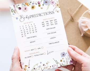 Baby Predictions, Wild Flowers Baby Shower Game, Predictions Cards Baby to Bloom, Baby Shower Game Botanical Flowers Colourful B04