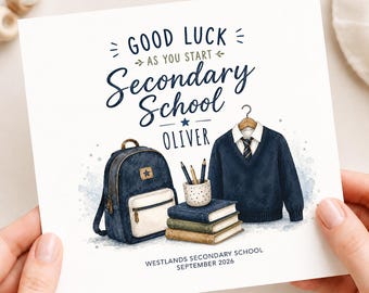 Personalised First Day at Secondary School Card for Boy, Good Luck Year 7 Uniform Keepsake