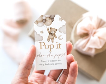 x10 Baby Shower Pop it When She Pops Tags Bear Neutral Teddy Bear Beige