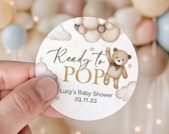 x10 • Baby Shower Ready to Pop Stickers Round labels Bear Neutral Teddy Bear Beige