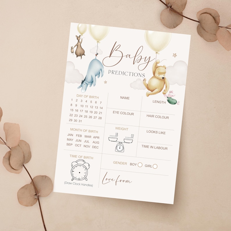 Puede incluir: Tarjeta de predicci&oacute;n para baby shower con ilustraciones de Winnie the Pooh y sus amigos. La tarjeta incluye secciones para el nombre, la longitud, el color de ojos, el color del cabello y el peso del beb&eacute;. Decorada con globos y nubes.