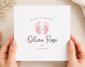Personalised Newborn Baby Girl Card, Welcome To The World Footprints