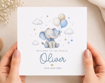 New Baby Boy Card, Welcome Elephant Balloons, Personalized Newborn Greeting