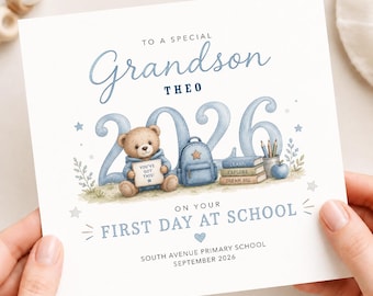 Personalised First Day at School Card for Grandson, Bear Starting School Keepsake