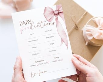 Pink Bow Baby Shower Game: Predictions Cards, Baby Girl Theme B06