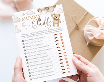 Mummy or Daddy Baby Shower Game, Bear Neutral, Teddy Quiz Card
