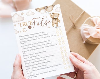 Bear Neutral Baby Shower True False Game, Teddy Newborn Facts Quiz