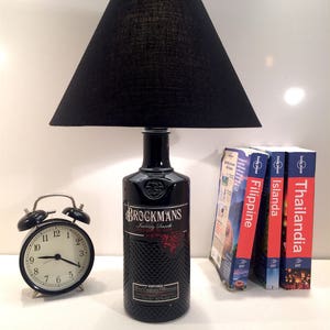 Brockman's Gin - Bottle Lamp. handmade lamp. Upcycled table lamp, Black lamp, Black lampshade lamp, Gin lover gift idea, handcrafted lamp.