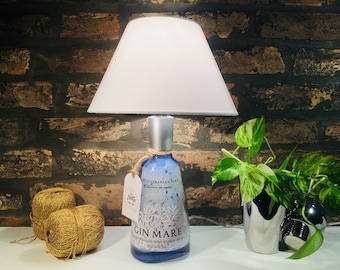 Gin Mare upcycled lamp bottle, table lamp,lighting,night light, bottle lamp,studio bedroom livingroom lamp.Home decor bottle lamp. Light.