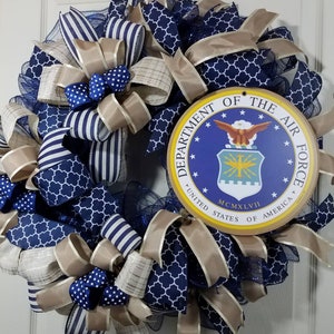 US Air Force Military Wreath; Support Our Troops; Patriotic Wreath; Navy and gold wreath;