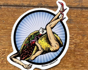 Taco pinup 3" vinyl sticker, sexy food drawing sticker for water bottle, laptop and things spicy fun food sticker meats and cheeses tortilla