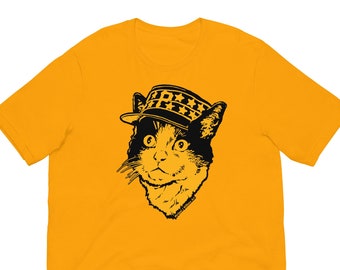 Pittsburgh Baseball cat tee shirt, pet lovers pirate pillbox hat wearing, buccos baseball fan shirt, black and gold, pirates fan great gift