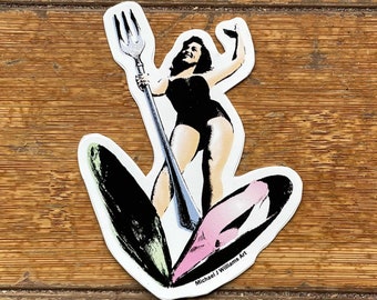 Mussels Mermaid sticker, 3.75" vinyl decal, vintage style pinup, bathing suit model with mussels shells holding fork, cool retro kitsch
