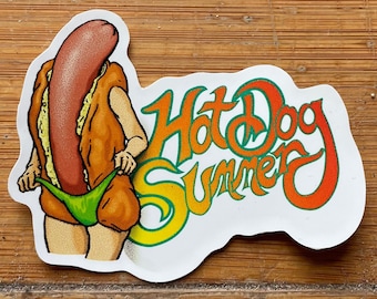 Hot Dog summer vinyl sticker, 3.75" wide sticker, food funny summer gift decal for water bottle laptop, great gift for dad, humor weird food