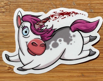 Unicorn sticker 3" vinyl decal, bloody horn unicorn stabbing unicorn horse fun cartoon gift for girls, unusual cartoon character pink grey